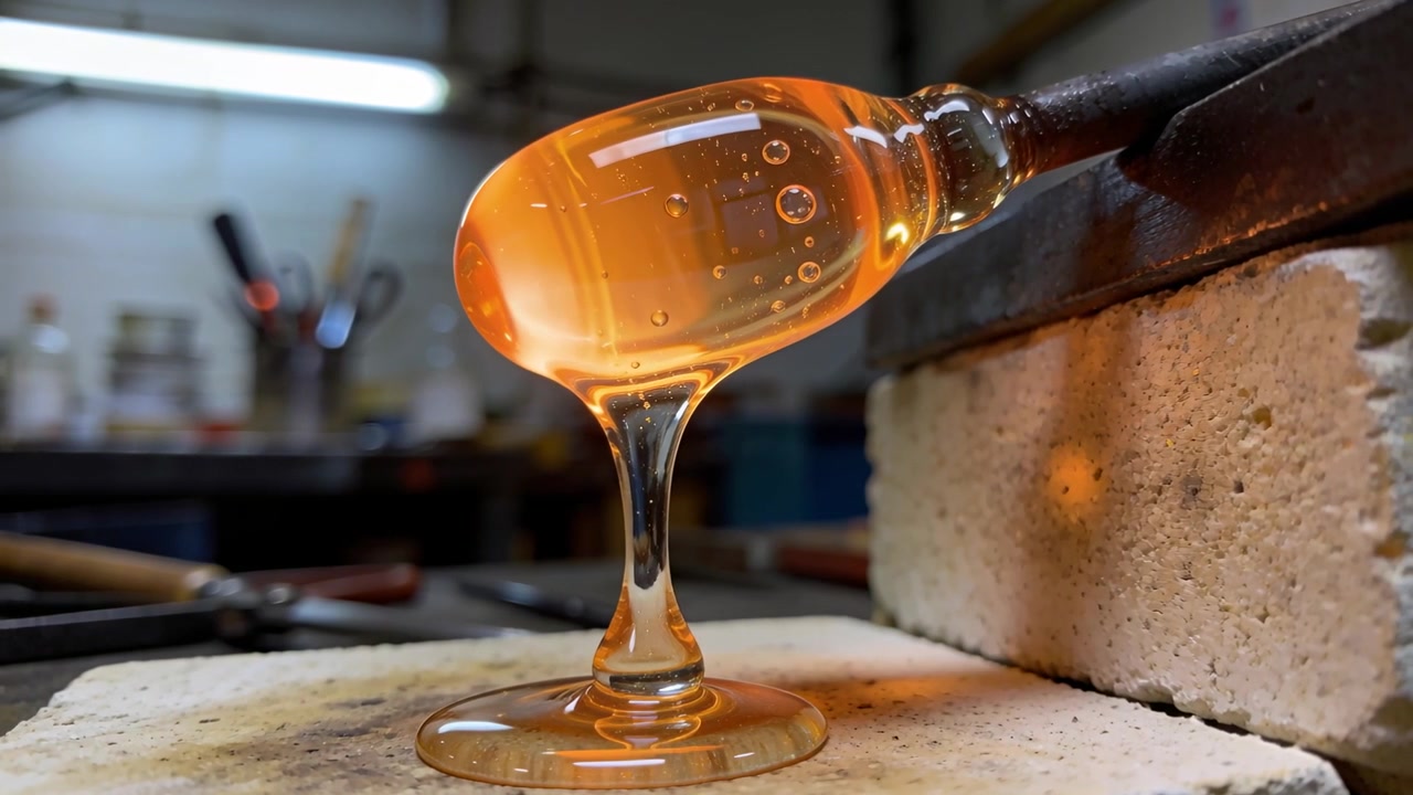Allungamento di una massa di vetro fuso, gravità e calore che tirano uno stelo sottile su piastrella, supporto in mattone refrattario