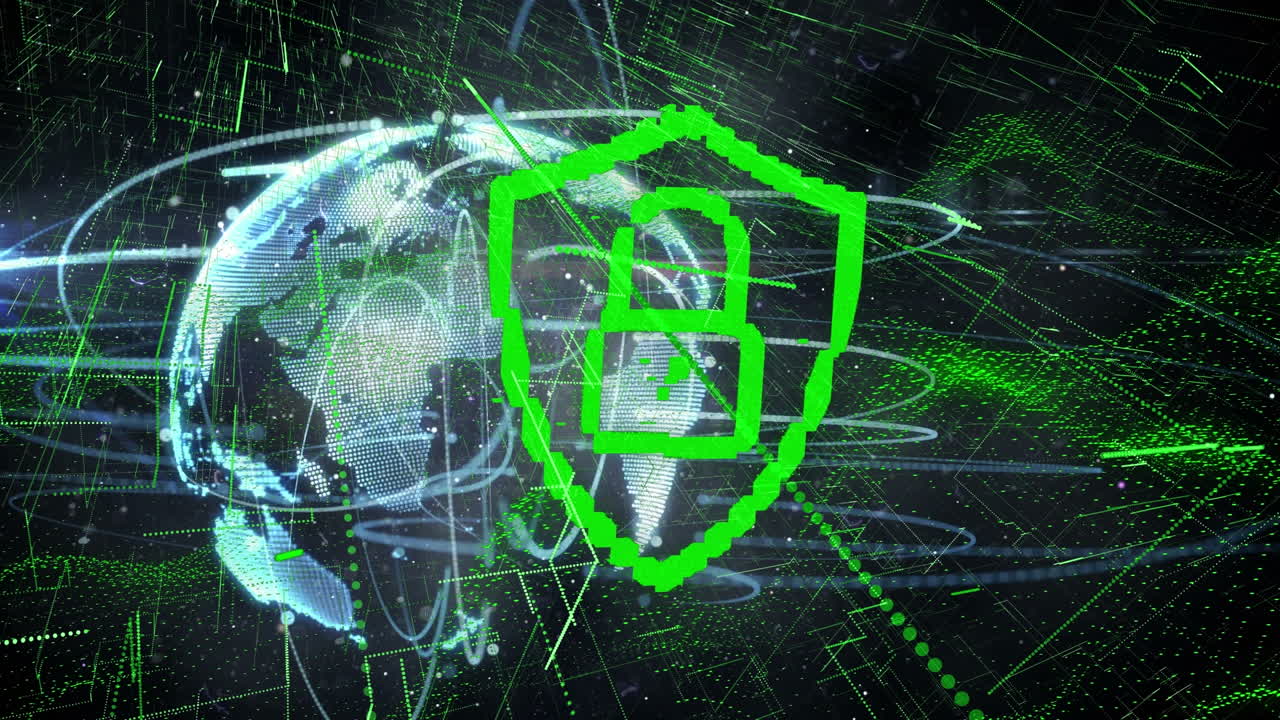 animación del candado de seguridad en línea, red de conexiones sobre el globo giratorio