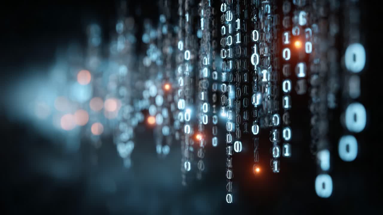 A captivating visual representation of cascading binary code, exploring the mesmerizing flow of digital data against a dark backdrop, symbolizing the essence of modern technology