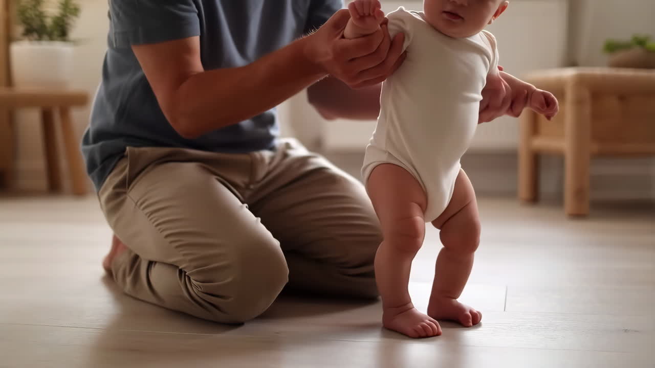 Baby taking first steps with adult's help