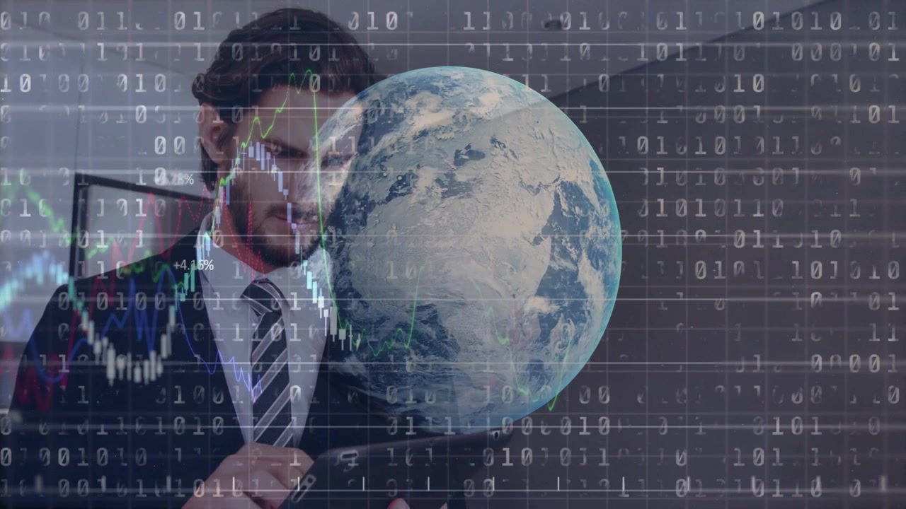 Professionista aziendale che tocca un tablet, visualizzando un globo e animando grafici finanziari per l'analisi