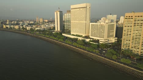 Aerial-view-of-Trident-hotel-from-Oberoi-group-in-Mumbai-Coastline,-Dolly-sideways-shot