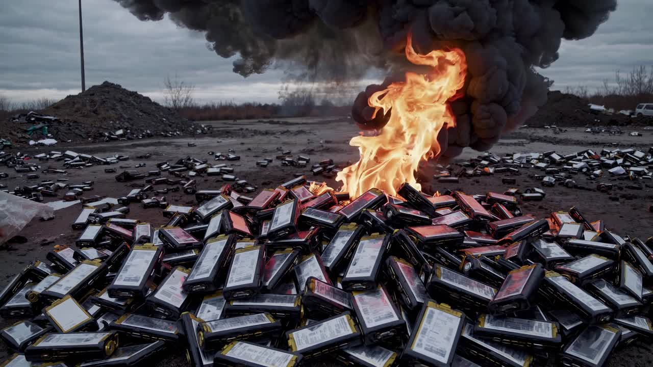 Battery fire burning, producing dense black smoke, highlighting hazardous waste risks from incorrect battery disposal and potential environmental safety threats