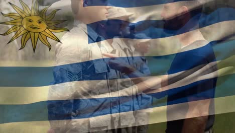 Animation-Der-Flagge-Uruguays-über-Verschiedenen-Männlichen-Soldaten