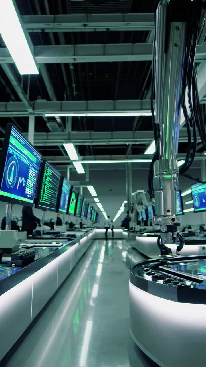 Futuristic factory video scene with a low-angle view of robotic arms and glowing screens