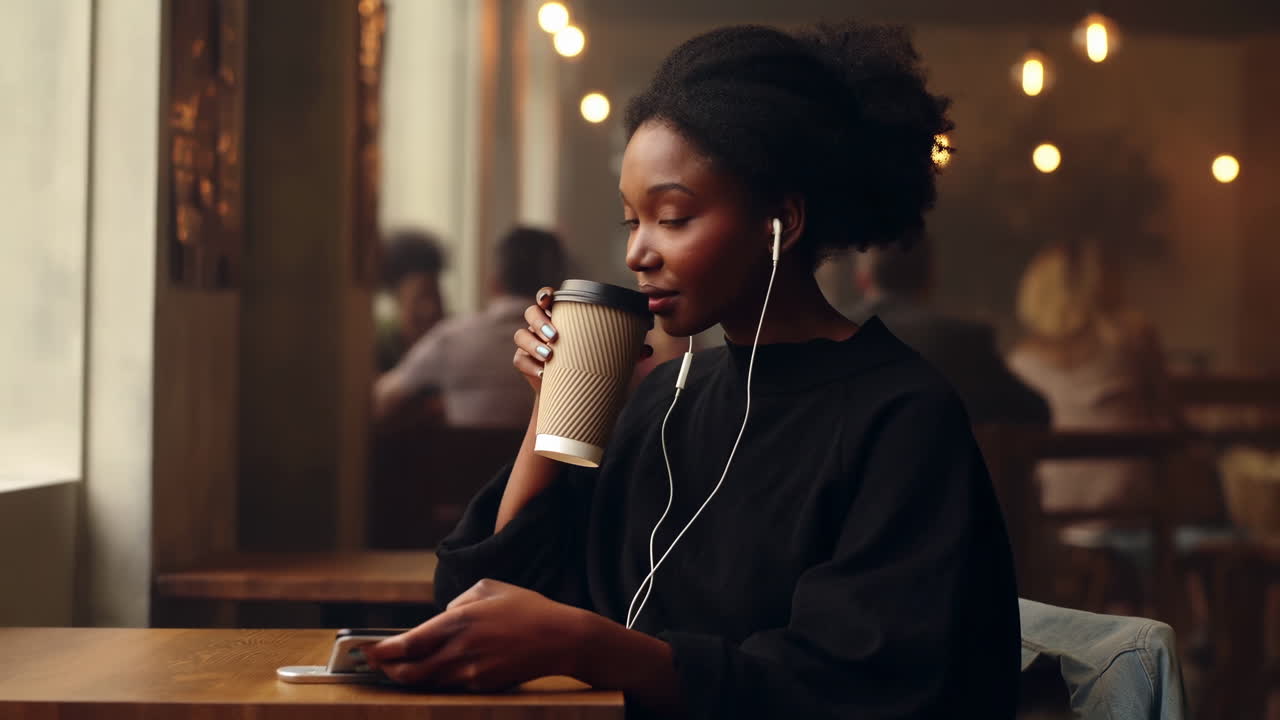 Ung sort kvinde lytter til musik og drikker kaffe på café