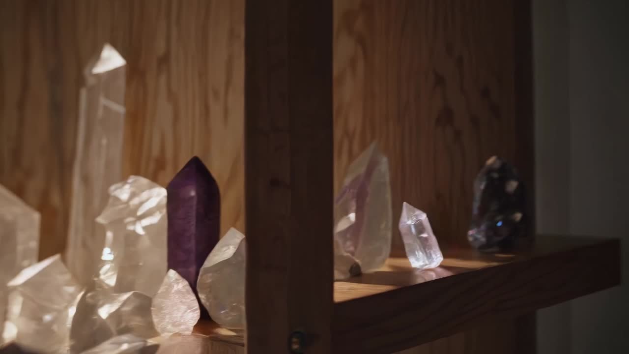 Stunning display of various crystals, showcasing intricate shapes and vibrant colors, illuminated by soft lighting, creating a mesmerizing visual experience of natural beauty