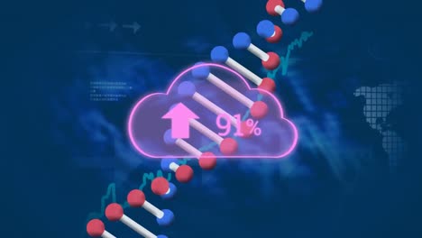 animation of cloud with growing number over graph, dna strand and data processing