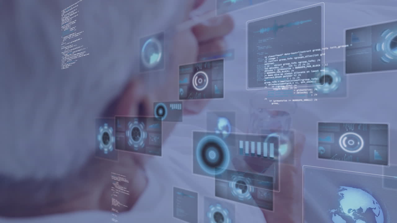 senior engineer manipulating floating UI panels in tech lab, showing code snippets charts and globe