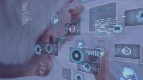 senior engineer manipulating floating ui panels in tech lab, showing code snippets charts and globe