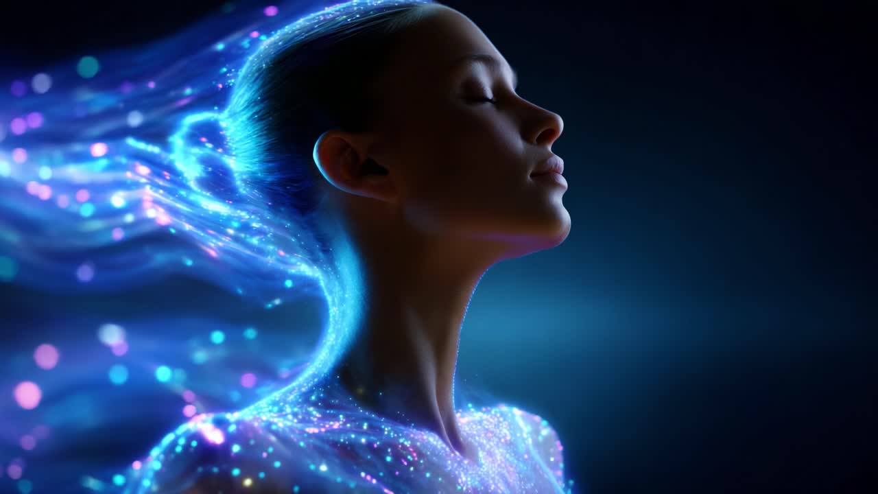 A stunning visualization of ethereal beauty where a young woman appears to be enveloped in swirling, luminescent particles that radiate a sense of tranquility and harmony against a dark background