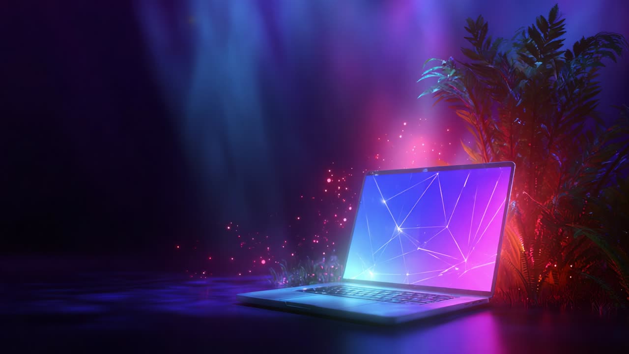 A captivating digital landscape featuring a glowing laptop surrounded by vibrant foliage and enchanting lighting patterns, showcasing an alluring blend of technology and nature in a surreal environment