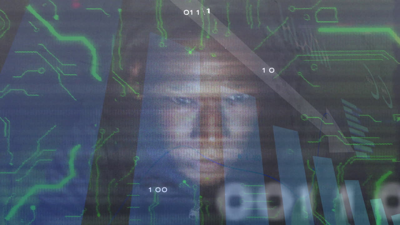 Binary code and financial graph animation over blurred face in background