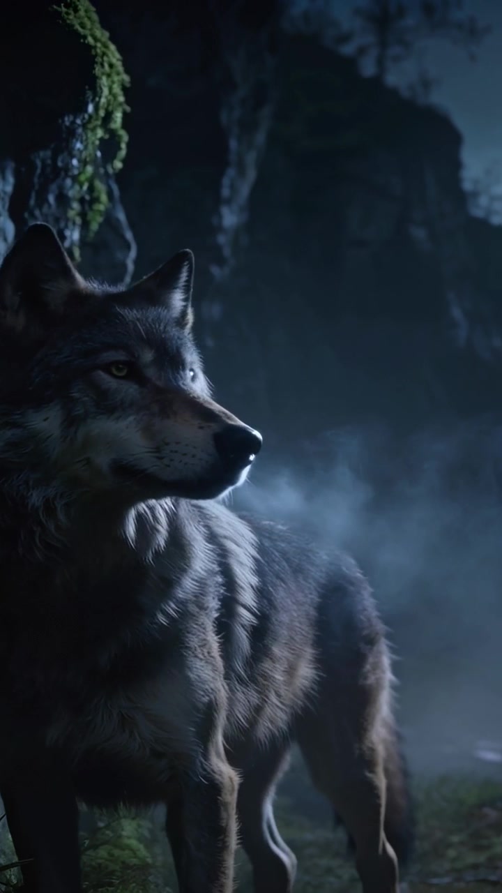 Video vertical: Lobo gris adulto respirando escaneando un saliente de acantilado cubierto de musgo, el aire frío causando vapor en el aliento.