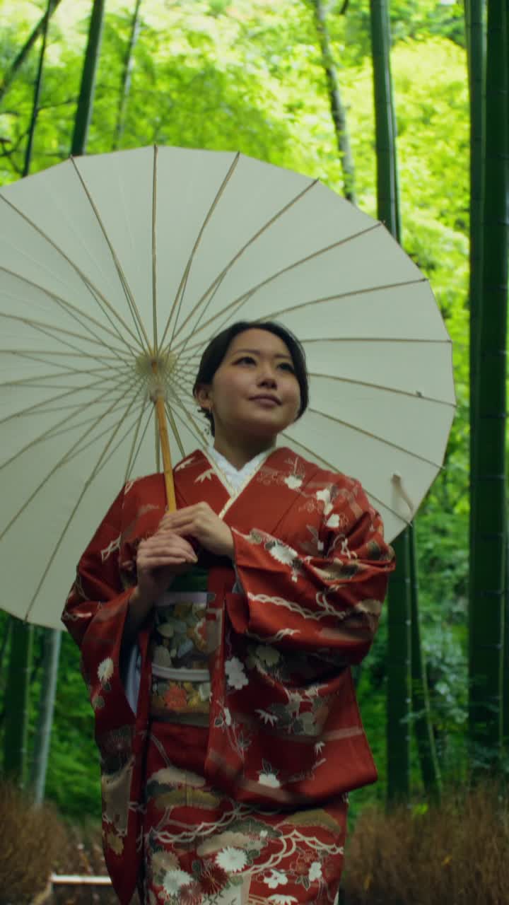 Japanese Woman in Kimono in a Bamboo Forest