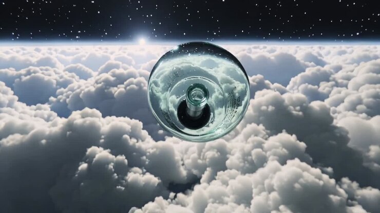 Transparent glass vessel rotating and descending, gravity pulling toward clouds for space tech