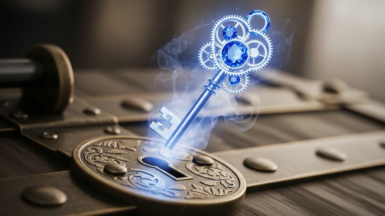 A Mysterious Key Unveils Hidden Secrets with Blue Gears and Ethereal Smoke Emerging from a Lock on an Old Wooden Treasure Chest