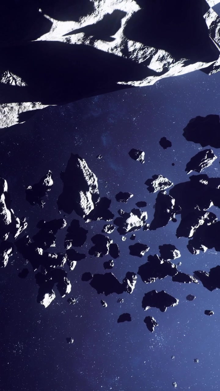 Vista di molti asteroidi nello spazio con sfondo scuro e stelle luminose