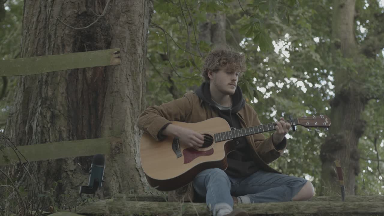 Musicista maschio caucasico che suona la chitarra nel bosco, inquadratura fissa.