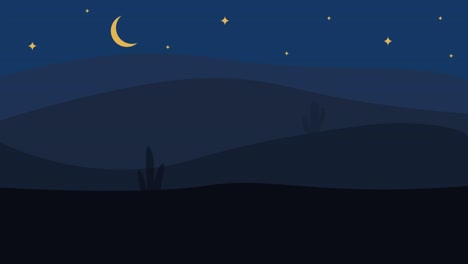 roadtrip at night. animation of retro car driving on countryside road at night with moon and stars shining. car driving on empty road with shining headlights on mountains background