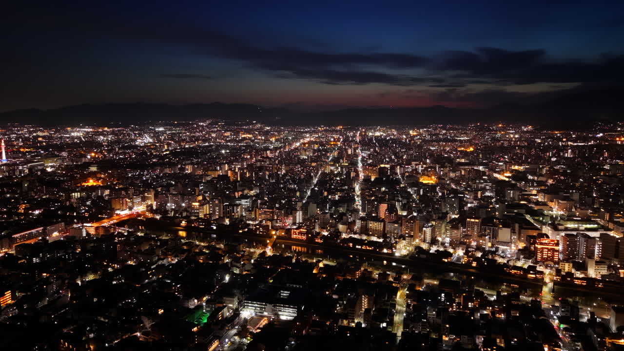 Aerial drone view of Kyoto, Japan at sunset