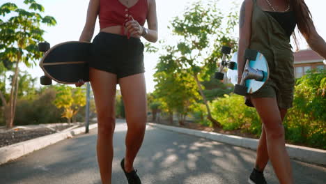 girlfriends stroll to the park with skateboards, chatting and laughing, smiles exchanged in the sunset's glow, all captured in slow motion among palm trees