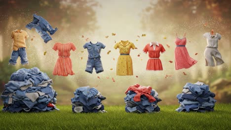 an enchanting display of floating clothing amidst lush nature, showcasing a vibrant collection of apparel that captures the essence of style and whimsy