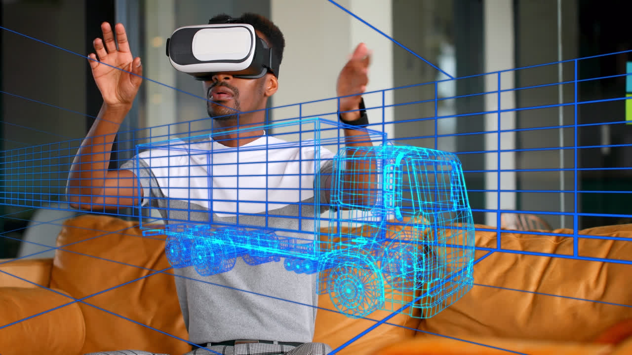 Animation of digital 3d drawing of car over man using vr headset