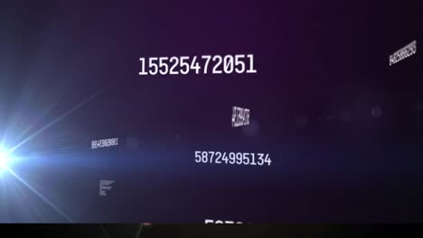 animation of numbers and data processing over glowing light on blue background