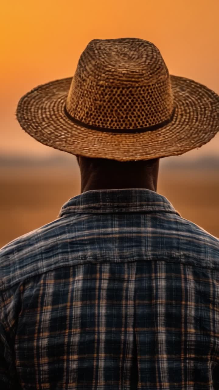 A solitary figure wearing a straw hat gazes into the horizon during a vibrant sunset, embodying the essence of rural life and tranquility amidst nature's beauty