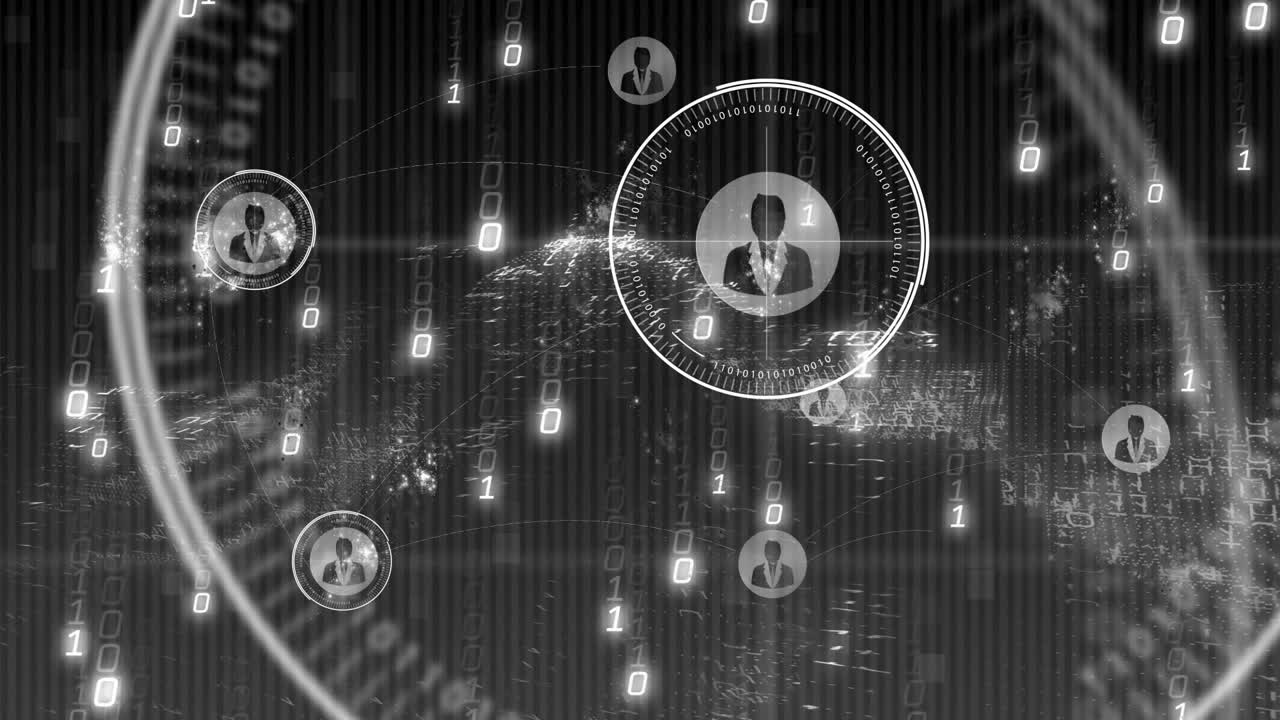 Animation of binary code and user icons overlaying world map in digital network