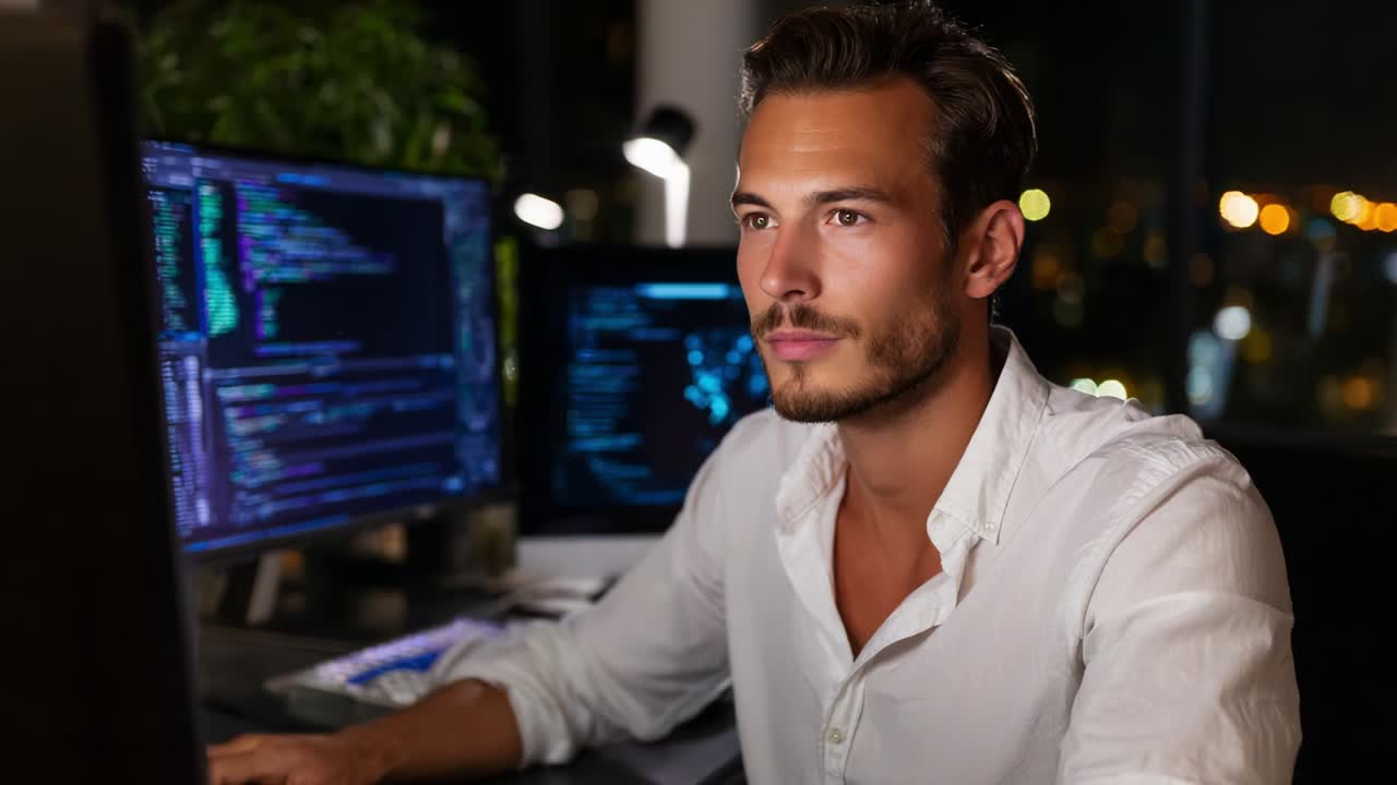 Focused Male Programmer Working Late at Night on Multiple Computer Screens Surrounded by a Modern Tech Environment, Coding and Analyzing Data in a Dimly Lit Room with Urban View