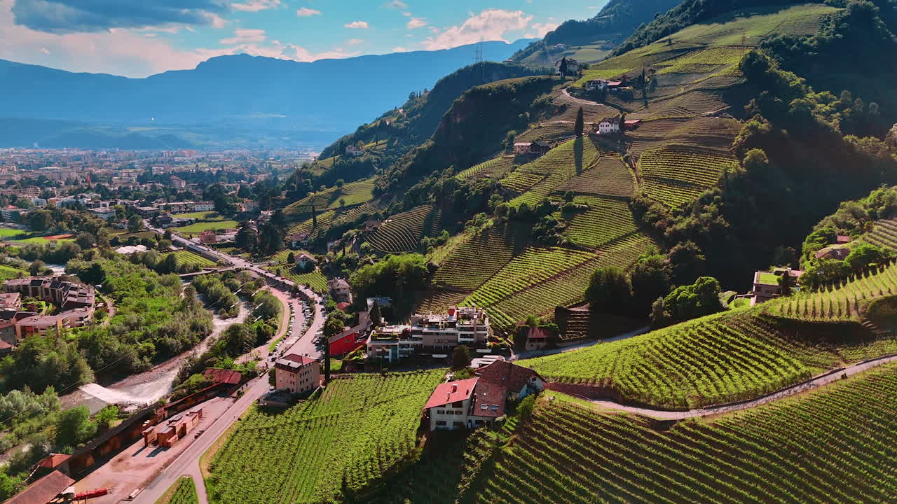 Panorama of sunny Bolzano, South Tyrol, Italy with numerous vineyards. Drone footage over the beautiful city with silhouette of the mountains at backdrop.