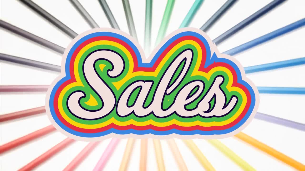 animación del texto del arco iris de ventas retro sobre múltiples rayas del arco iris sobre fondo blanco