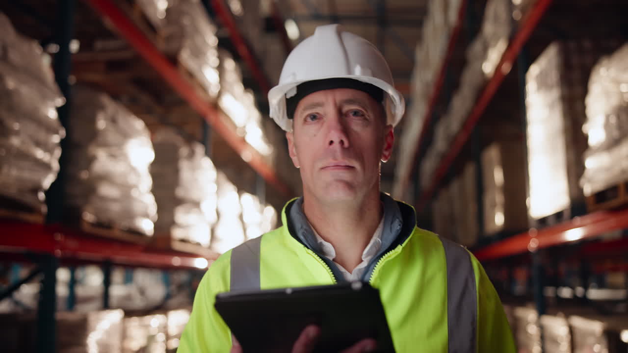 Warehouse worker with tablet checking inventory