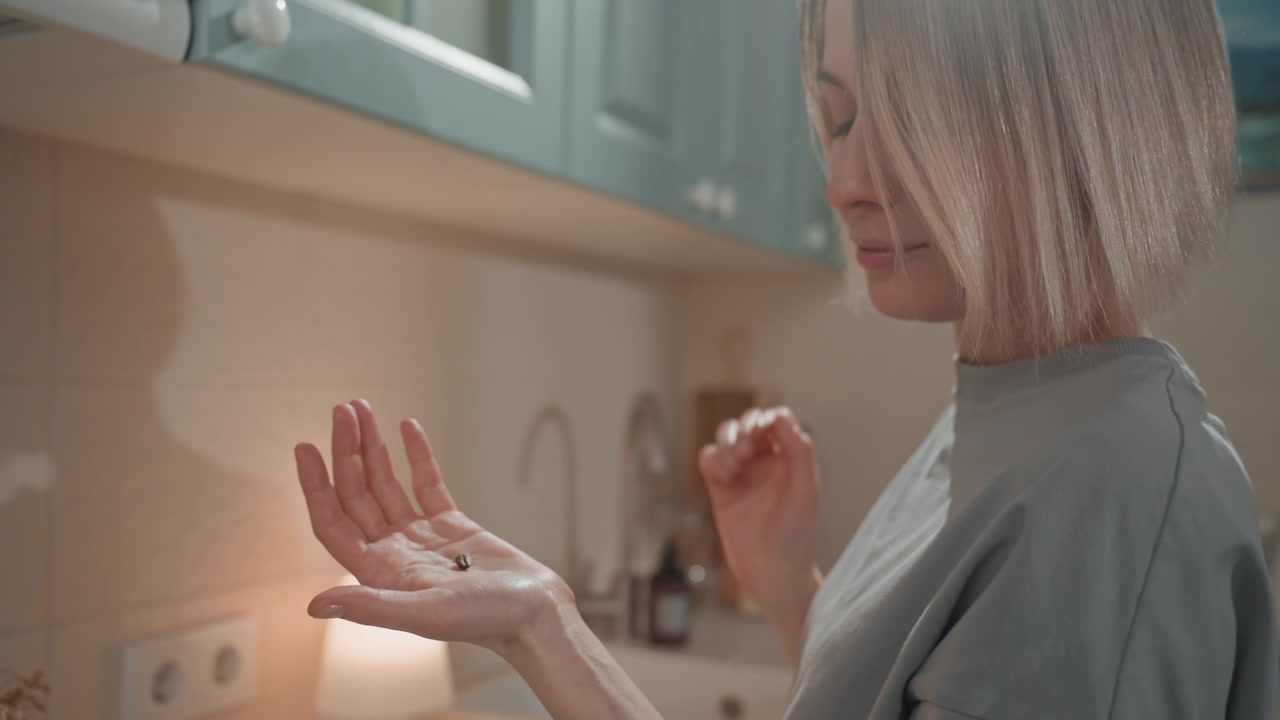 Primo piano delle mani di una donna caucasica in cucina, mentre ascolta musica, le dita che tracciano un ritmo invisibile, il bagliore caldo di una lampada, un'ombra morbida sul paraschizzi, espressione riflessiva, manicure discreta, un movimento lento e delicato.