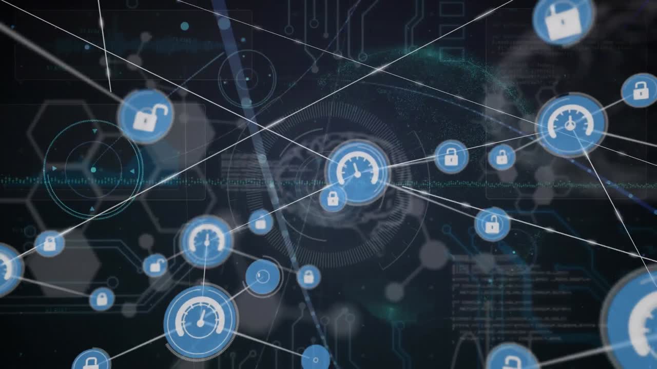 Animation of network of connections with icons and data processing on dark background