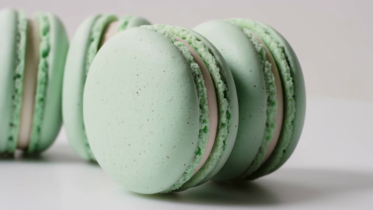 Two mint green macarons in foreground lean together, revealing pale cream filling and crisp ruffled feet, while more pastries recede in soft focus under diffused studio light, with macaron, mint