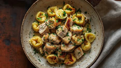 Gourmet-Chicken-and-Tortellini-Pasta-Dish-in-Rustic-Setting