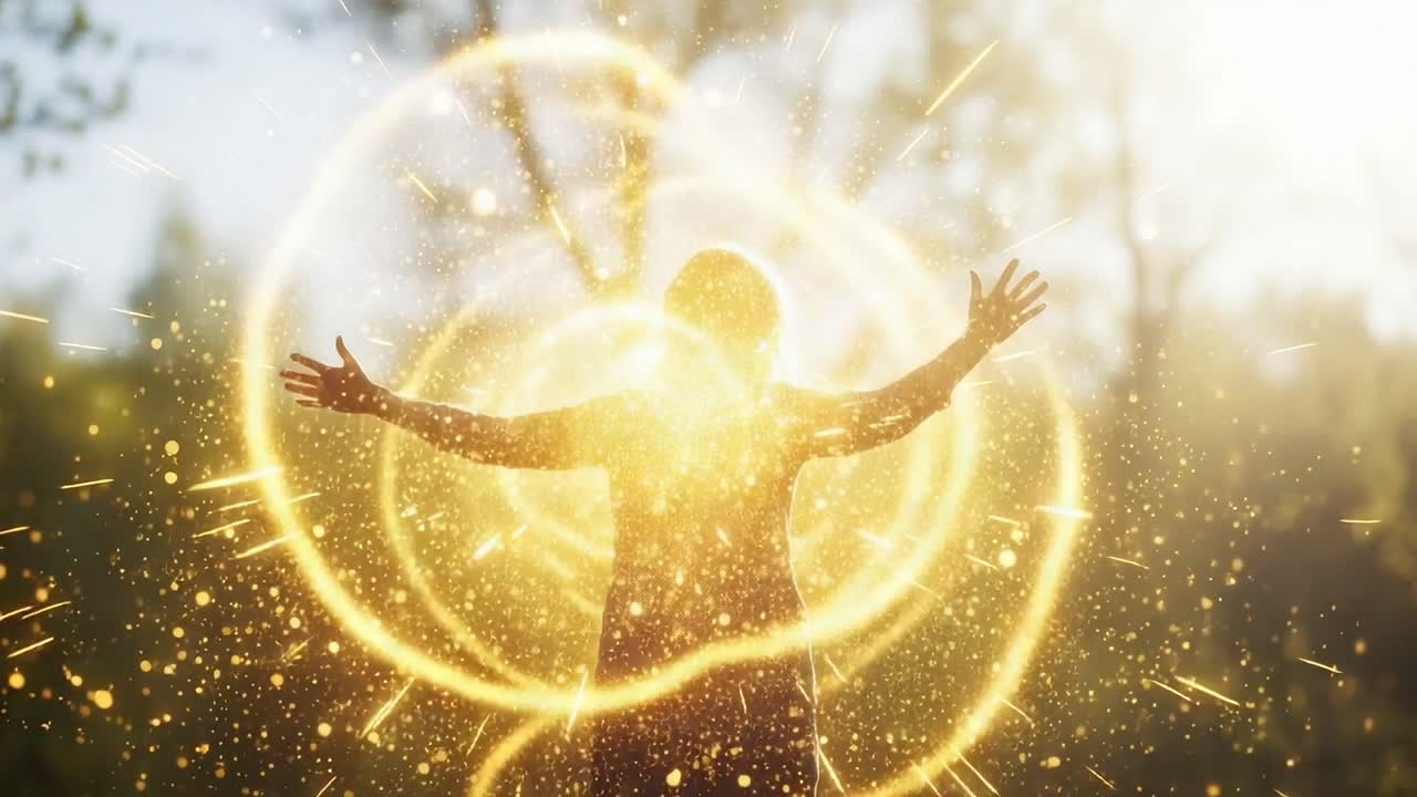A person stands in a sunlit grove, arms outstretched, surrounded by radiant golden sparkles, embodying a moment of euphoria and connection with nature's magic