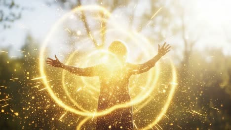 a person stands in a sunlit grove, arms outstretched, surrounded by radiant golden sparkles, embodying a moment of euphoria and connection with nature's magic