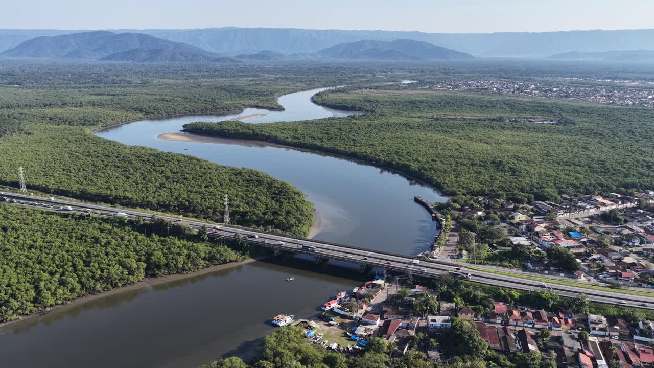 Itanhaem River At Itanhaem In Sao Paulo Brazil. Atlantic Forest Landscape. River Skyline. Tropical Travel. Itanhaem River At Itanhaem In Sao Paulo Brazil. Outdoor Scenery