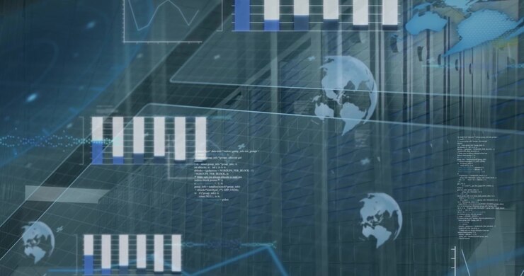 Animation of network of connections and snow falling over server room