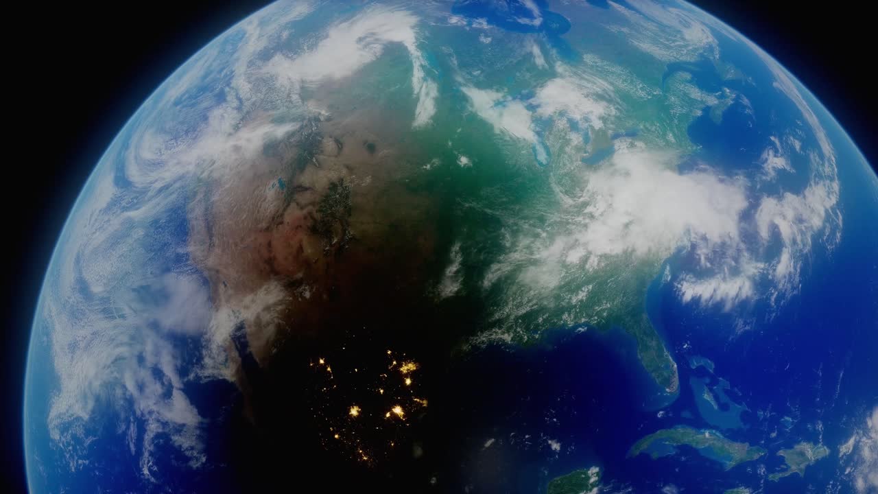 un concepto de simulación 4k 3d del planeta tierra, visualizando el eclipse solar del 8 de abril de 2024 en toda américa del norte, como se ve desde lo alto de la órbita sobre el planeta tierra, con las luces de la ciudad reveladas por la sombra.