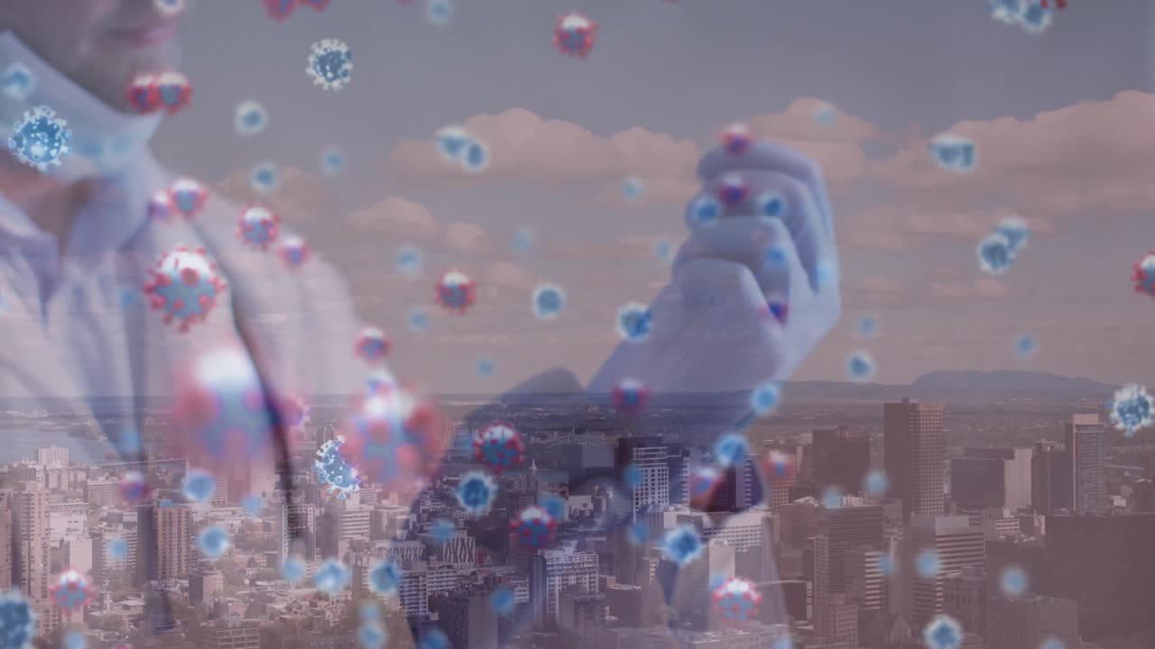 장갑을 입은 백인 남성 의사 위에 바이러스 세포의 애니메이션