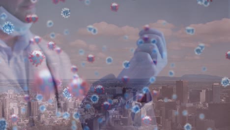 animación de células de virus sobre un médico caucásico que lleva guantes