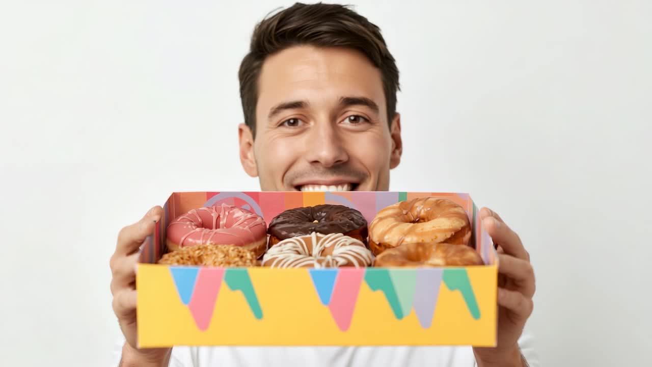 Offering friendly man holding colorful donut box in studio space, showcasing assorted glazed donuts