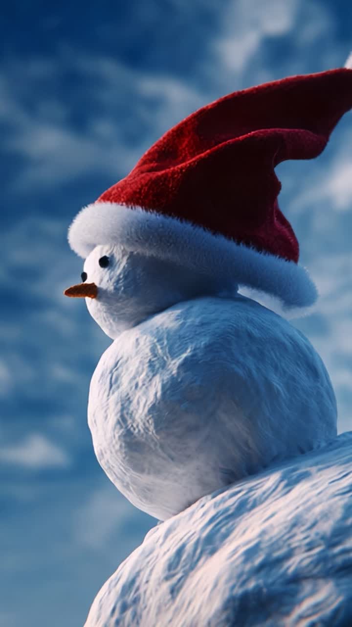 Ein festlicher Schneemann, geschmückt mit einer leuchtend roten Weihnachtsmannmütze, steht stolz unter einem strahlend blauen Himmel mit ein paar sanft dahintreibenden Wolken und fängt die Freude und Magie der Winterfeste ein