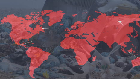 animation of world map over bulldozer in waste disposal site