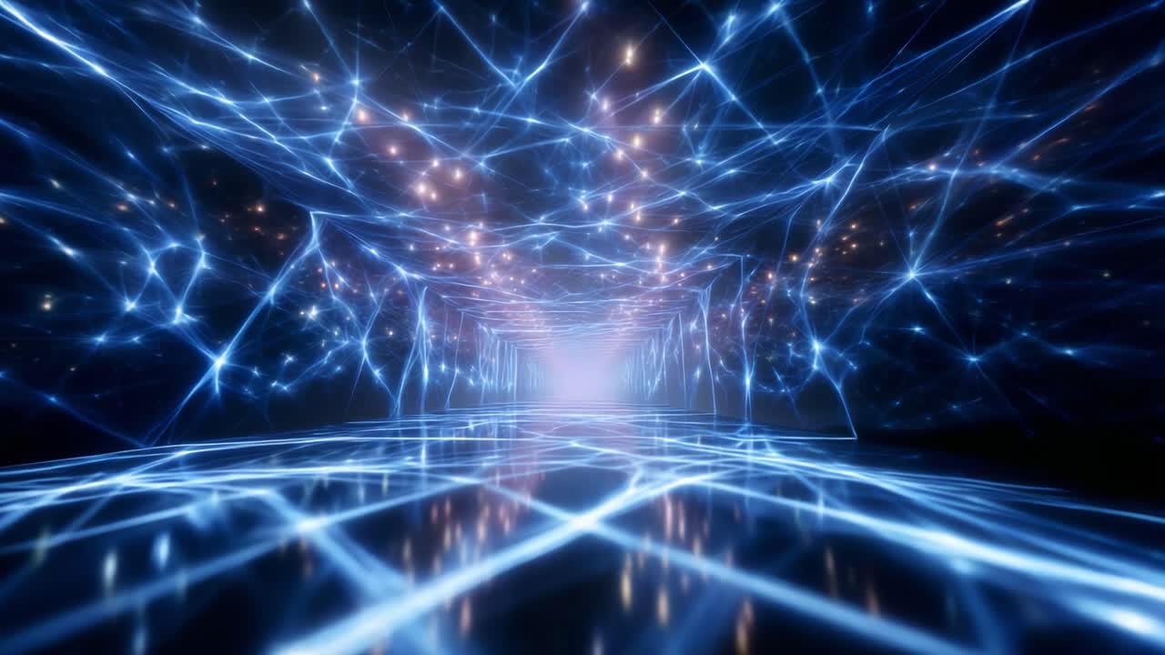 A Stunning Perspective Through a Futuristic Digital Tunnel Illuminated by Enigmatic Lights, Creating an Atmosphere of Depth, Mystery, and Infinite Possibilities with Swirling Lines and Patterns